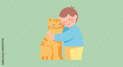 Boy Hugging Orange Cat Illustration.