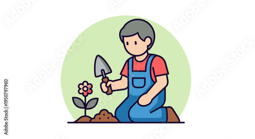 Cartoon Gardener Planting Flower with Trowel.
