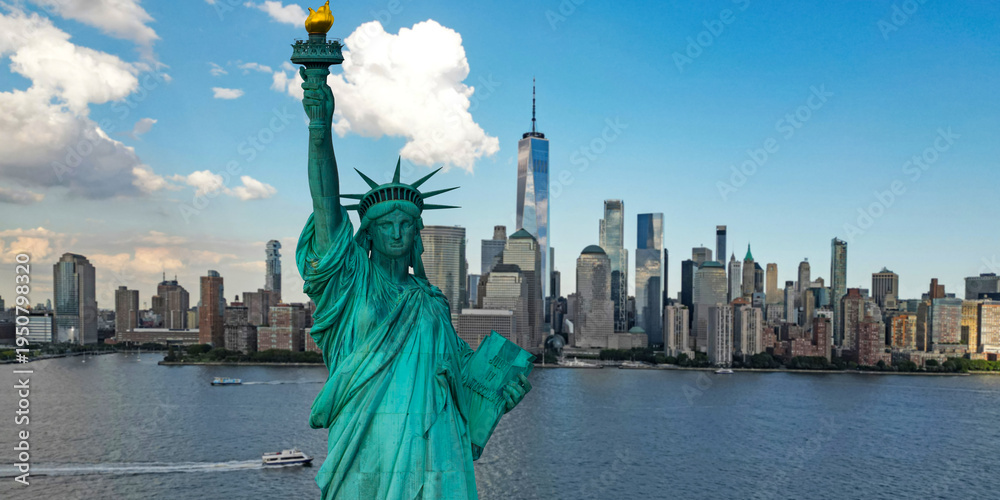 Fototapeta premium America statue. New York City harbor view with America monument. Famous symbol in New York City skyline. Liberty statue and New York City skyline. Liberty monument and New York City skyline.