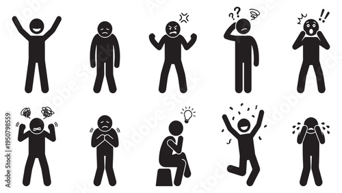 Set of 10 black stickman icons representing various emotions including joy, sadness, anger, confusion, fear, and inspiration.