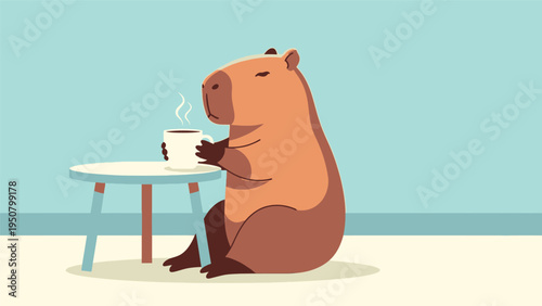 Capybara Sitting with Coffee Cup.
