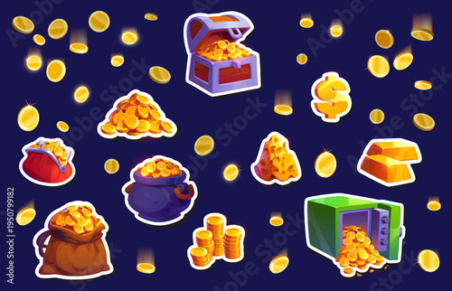Coins, treasure and nuggets gold game asset stickers. Gaming app golden treasure vector objects, RPG game items. Mobile videogame opened safe and chest, sack and wallet full of coins, golden bar