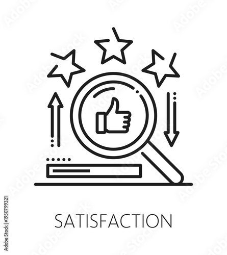 Product quality satisfaction inspection line icon or label. Product review icon, quality inspection vector symbol. Regulation certification pictogram with rating stars, thumbs up and magnifying glass