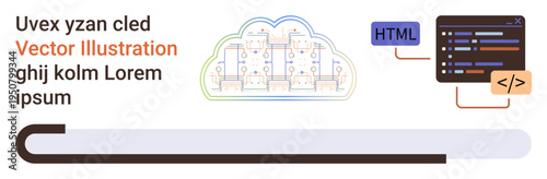 Cloud computing, web development, software engineering, programming, data management, coding education. Visual of a cloud, coding lines and HTML symbol. Cloud computing and web development concept