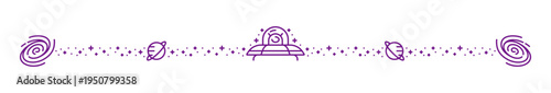 Outer space alien UFO and galaxy line divider. Galaxy outer space exploration divider, cosmos discovery vector frame border. Astronomy underline with alien flying saucer spaceship, stars and planets