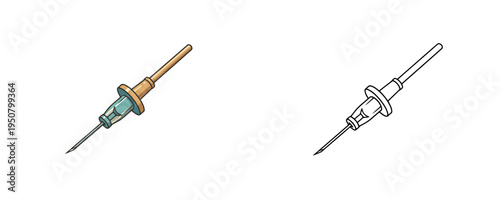 Medical peripheral venous cannula in flat color and linear style orange and blue colors surgical intravenous catheter for hospital fluid delivery on white background