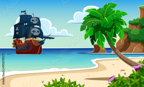 Pirate ship sails near island at Caribbean sea with Jolly Roger flags, cartoon vector landscape background. Pirate ship or corsair sailboat with black sails and skull crossbones at treasure island