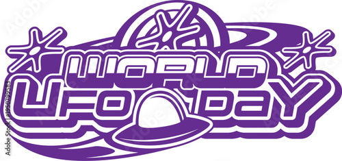 World space UFO day and galaxy outerspace vintage Y2K icon or symbol. Space exploration 70s vector sign, galaxy outerspace Y2K element. Universe alien icon with flying saucer, stars and typography