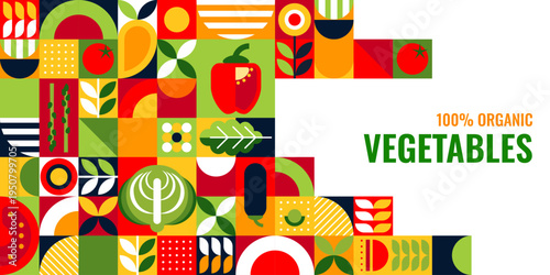 Raw fresh organic vegetables modern geometric Bauhaus poster. Natural vegetable vector flyer with Bauhaus patterns. Agriculture and organic farm poster with cabbage, bell pepper, tomato and leaves