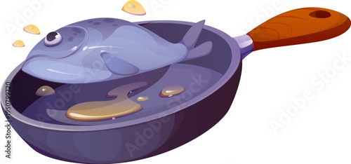 Fresh fish frying on pan, food cooking process. Culinary and gastronomy isolated cartoon vector concept. Seafood meat meal breakfast preparation process or trout fish dish cooking on cast iron pan