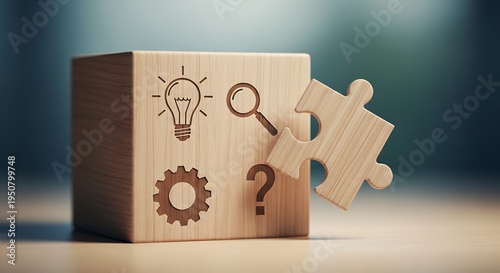 A wooden block with symbols and a puzzle piece illustrating creativity and problem-solving