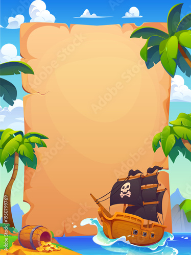 Pirate banner with sail ship and treasures island. Cartoon vector parchment map, adventure nautical background template with tropical beach, ocean, gold coins, palm trees and galleon with skull sails