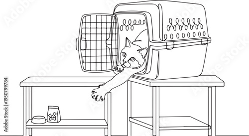 Continuous line drawing of a cat peeking out from a pet carrier or travel crate on a veterinary table, pet healthcare and travel concept coloring page.