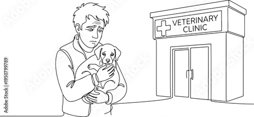 Continuous line drawing of a concerned young man holding a sad puppy in front of a veterinary clinic, pet healthcare and animal wellness concept.