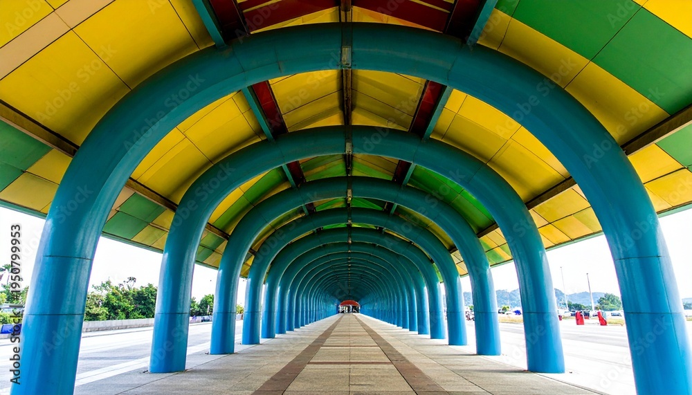 Fototapeta premium Vibrant Colonnade with Blue Arches and Yellow Ceiling.