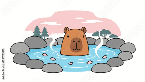 Cartoon Capybara in Hot Spring Water.