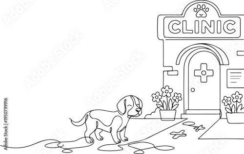 Minimalist continuous line drawing of a beagle dog in front of a veterinary clinic. Pet healthcare concept illustration with a puppy at the vet office building