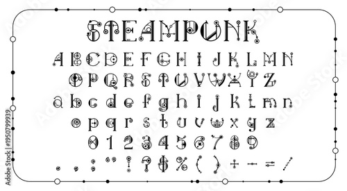 Machine steampunk font, mechanic gear typeface letters. Vector vintage steampunk type english alphabet set with letters and numbers made of steam engine pipes, rivets and gears. Retro industrial font