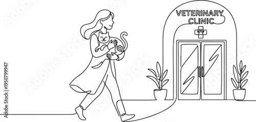 Minimalist One Line Drawing of a Female Veterinarian or Vet Doctor Carrying a Cat to a Veterinary Clinic for Animal Care and Medical Treatment