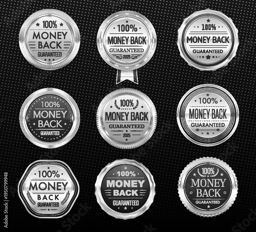 Money back guaranteed silver badges and labels or award seals with laurel wreaths and ribbons, vector icons. Money back guarantee certificate badges with 100 percent price return warranty seals