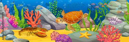 Cartoon sea turtle, lobster, tropical fish and coral reef under water landscape. Ocean underwater bottom scene vector background with sea turtle animal and plants, starfish, seashell and seaweeds