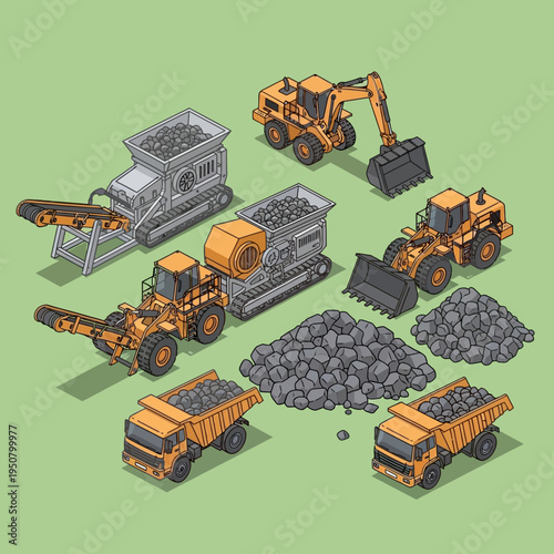 Isometric illustration of various mining equipment, including excavators, loaders, and trucks, with piles of rocks.