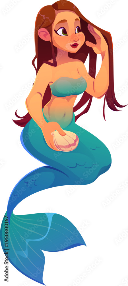Obraz premium Pirate icon of cartoon mermaid character or funny sea siren, vector personage. Caribbean pirate adventure character of young mermaid girl or ocean nymph with seashell for underwater game creature