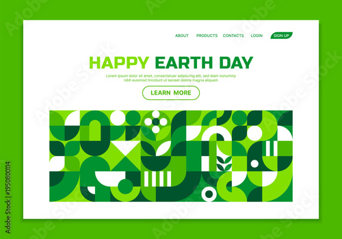 Environment Earth day landing page with geometric Bauhaus pattern. Save nature startup and Earth day holiday vector landing page. Environment, ecology protection webpage with geometric Bauhaus shapes