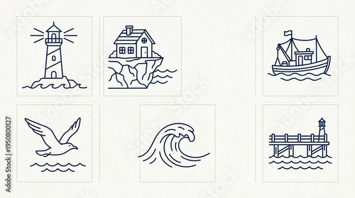 Wallpaper Mural Nautical marine icon set of line drawings Torontodigital.ca