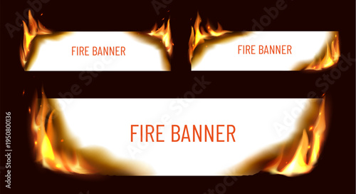 Paper banners with burn fire flames. Burning white paper horizontal realistic vector banners with smoldering and flaming corners, flying hot sparks and particles fire blaze