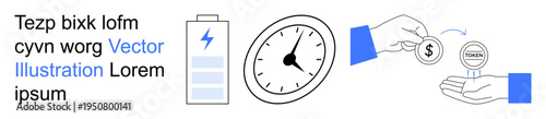 Time management, energy conservation, financial transactions, efficiency, productivity, investment. Clock, battery and hands exchanging coins. Time management and energy conservation