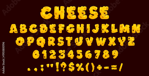 Cheese font letters, swiss and maasdam typeface alphabet vector typography. Cartoon yellow letters and numbers with milk cheese slice holes texture. Cheesy font english alphabet characters and numbers