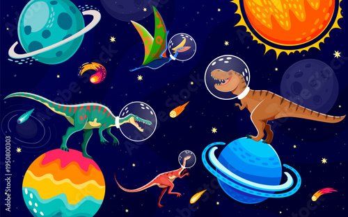 Dinosaur astronauts in outer space vector background. Cartoon cute dino characters in astronaut helmets dancing on alien galaxy planets among stars and comets. Funny tyrannosaurus dinosaur spaceman