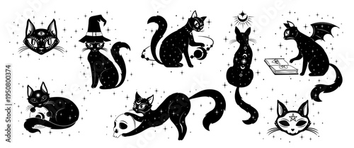 Tarot card black magic cats and mystic witch pet animals for esoteric, vector icons. Funny cats in witch hats playing with skull or celestial planets and pentagram stars in Boho design for Tarot cards