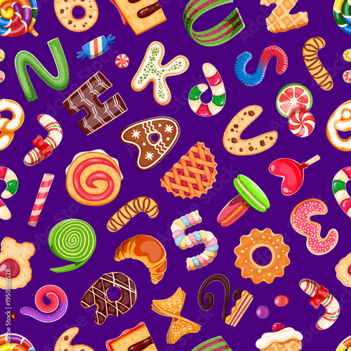 Dessert font letters, bakery sweet candy type seamless pattern. Wrapping paper vector seamless background or fabric print. Textile backdrop or cartoon pattern with cookies, candies, pie and ice cream