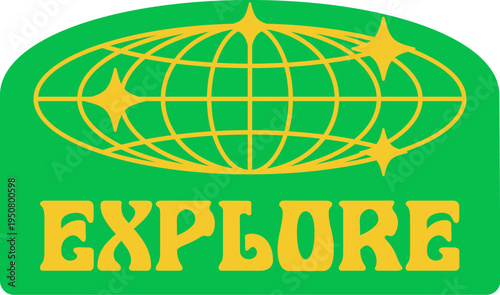 Explore planet globe Y2K funky sticker or symbol. Funky Y2K vector wireframe globe label, planet groovy globus tag. Earth mesh sphere sticker with yellow globe, stars and retro typography