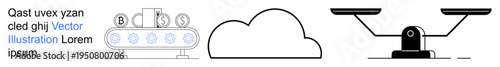 Business analytics, financial services, cloud storage, data management, decision-making, economic balance. Conveyor belt with coins, cloud and balance scale. Financial services and business