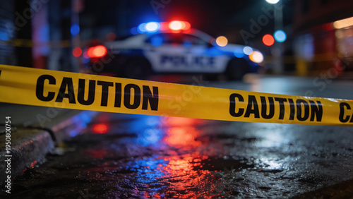 Crime scene at night with police lights flashing behind yellow barrier tape reading 