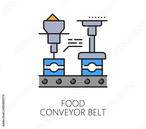 Automatic food production conveyor, manufacture icon or symbol. Robotic manufacture color line pictogram, conveyor mass production vector symbol. Automatic factory icon with conveyor belt machinery