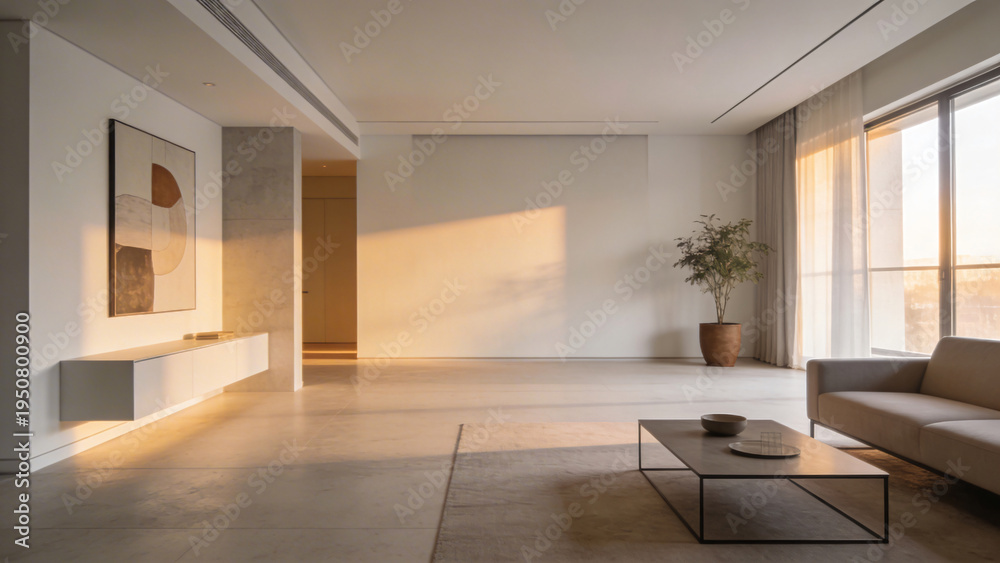 Fototapeta premium Spacious modern living room with electric fireplace and large windows, minimalist interior with wooden floor.3D render