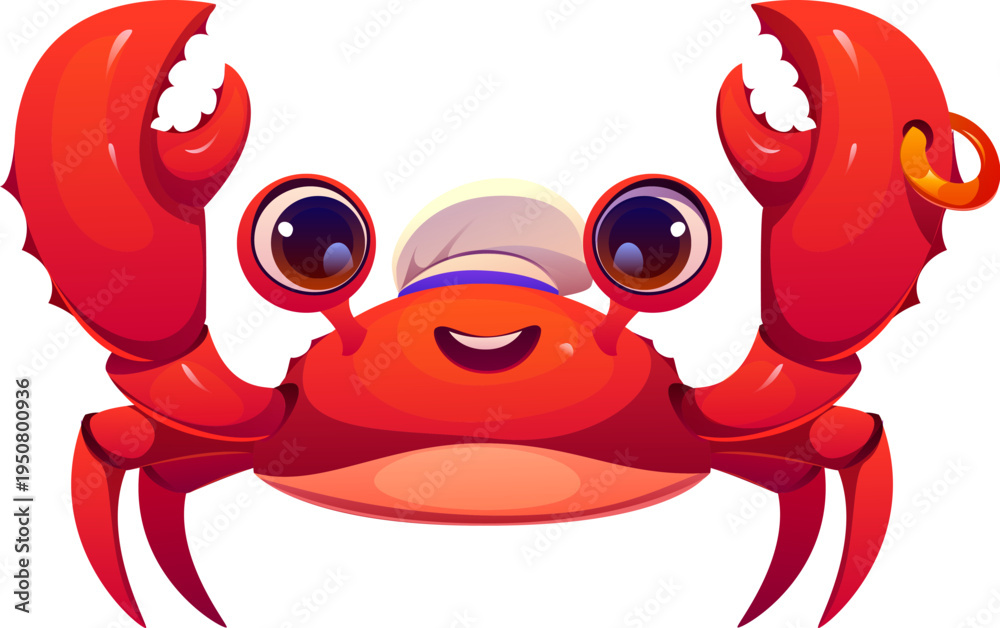 Fototapeta premium Pirate character of crab sailor corsair in ship cook chief hat, cartoon vector icon for game. Funny crab seaman or marine crew character for pirate adventure and aquatic animal mascot element