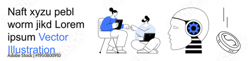 Teamwork, innovation, artificial intelligence, digital collaboration, technology, business strategy. Two people collaborating with digital devices. Teamwork and innovation concept