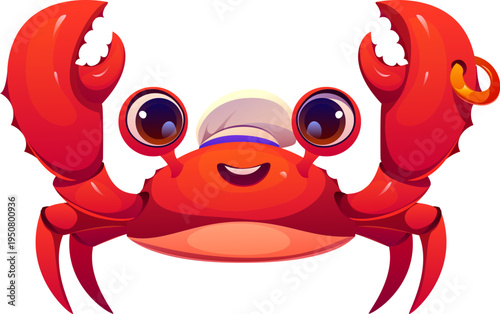 Pirate character of crab sailor corsair in ship cook chief hat, cartoon vector icon for game. Funny crab seaman or marine crew character for pirate adventure and aquatic animal mascot element