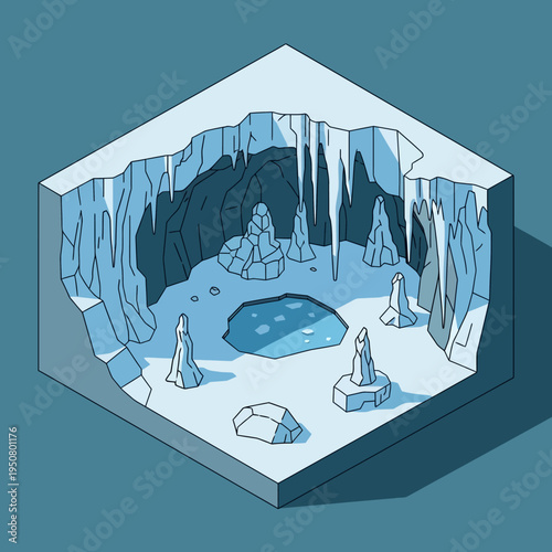 Isometric illustration of an icy cave with stalactites, a pool, and ice formations.