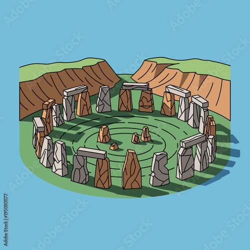 Illustration of Stonehenge, a prehistoric monument in Wiltshire, England, with surrounding landscape.