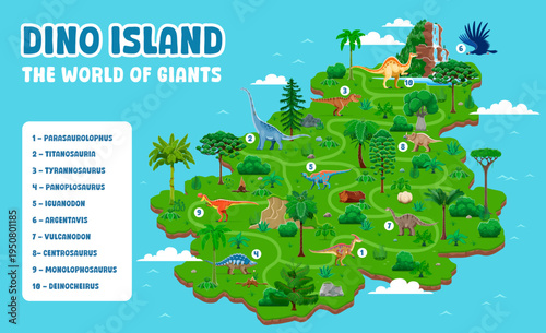 island dino park map, archeology museum exposition. Prehistoric reptiles, extinct animals park or island zoo cartoon vector map background with dinosaurs, palm trees, fern plants and track path