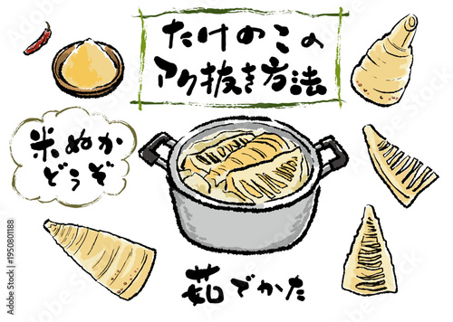 たけのこのアク抜き、皮をむいたたけのこ　ぬくもりある筆文字とイラストセット