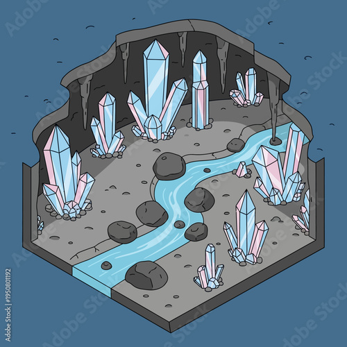 Isometric illustration of a crystal cave with a flowing river and various rock formations.