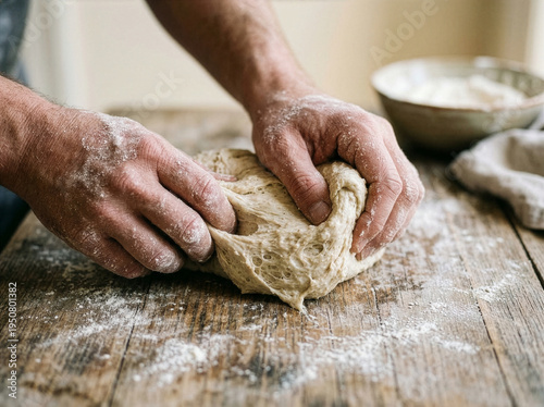 Diverse Hands Cooking — Artisan Food Process Close-Up. Sourdough, pasta, herbs, honey, citrus. Wooden surface, ceramic, warm diffused light, film grain.