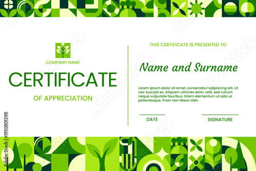 Environment certificate of appreciation, geometric Bauhaus pattern. Business official letter vector template with Bauhaus abstract pattern, nature saving award document. Ecology sustainability diploma